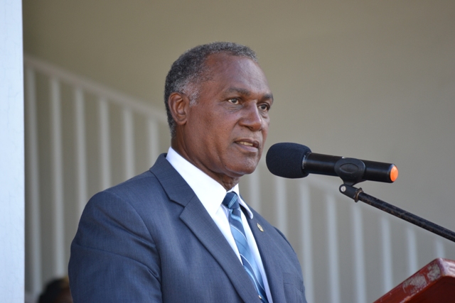 Premier of Nevis Hon Vance Amory delivering an address at the 32nd Anniversary Independence Ceremonial Parade and Awards Ceremony at the Elquemedo Willet Park on September 19, 2015
